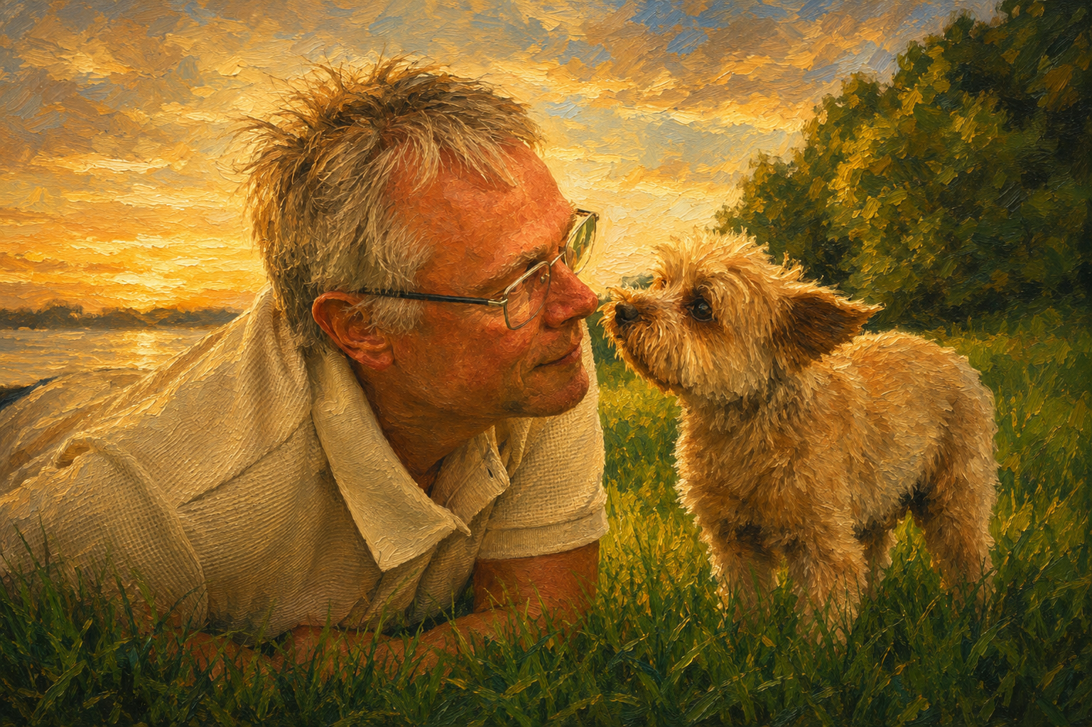 portrait homme et son chien lac illustration