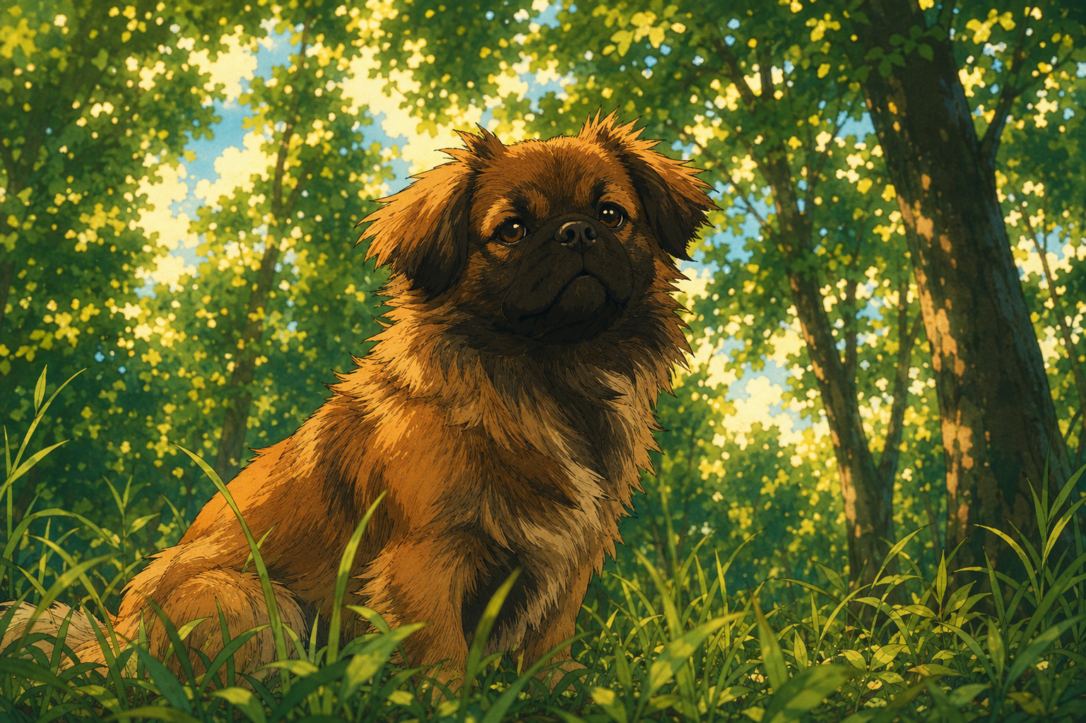 chien epagnol tibétain forêt illustration
