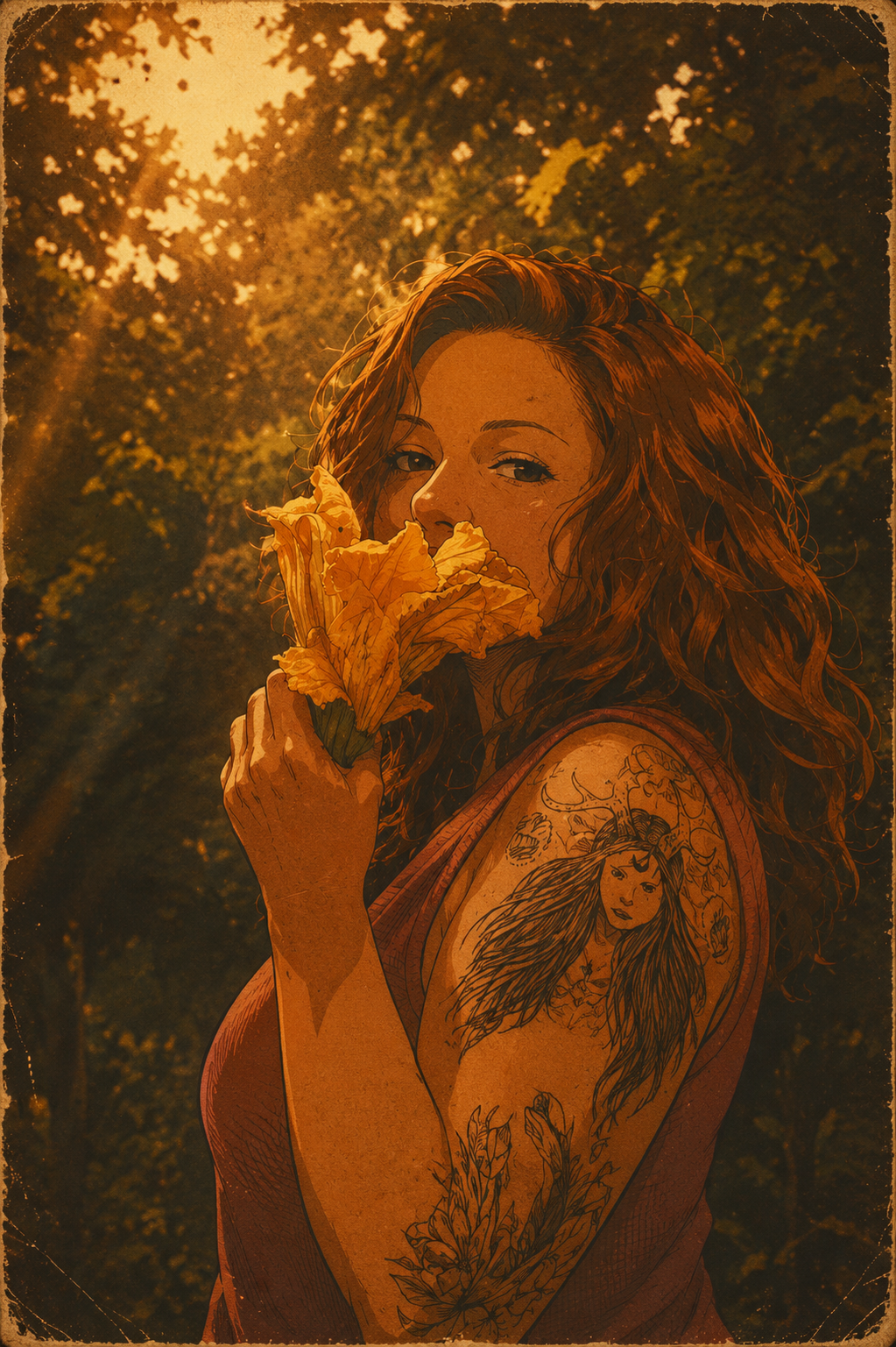 femme dans la forêt avec fleur illustration
