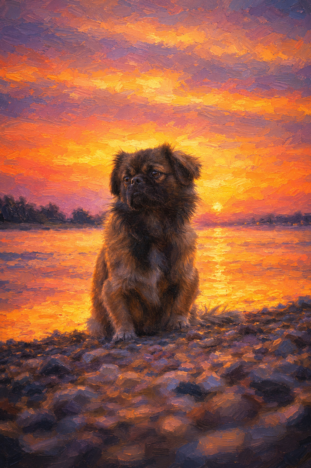 epagnol tibétain lac coucher de soleil