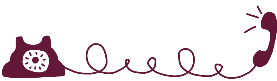 Une illustration stylisée d'un téléphone ancien avec un combiné téléphonique à gauche et un écouteur à droite, reliés par un fil sinueux.