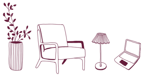 Décor de salon avec une grande plante en pot, un fauteuil, une lampe sur pied, et un ordinateur portable