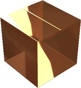 A shiny, reflective gold-colored cube with open top, showing interior panels that reflect light.
