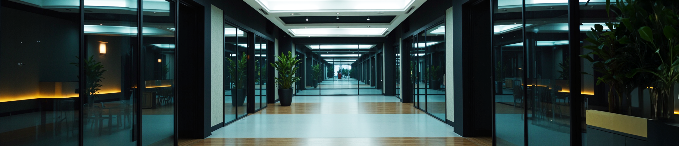 Modern hallway with glass walls and doors, wooden floor, potted plants, and ceiling lighting, leading to an exit with glass doors.