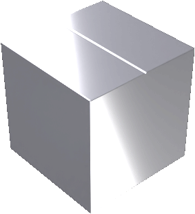 A silver, open rectangular box with reflective surfaces.