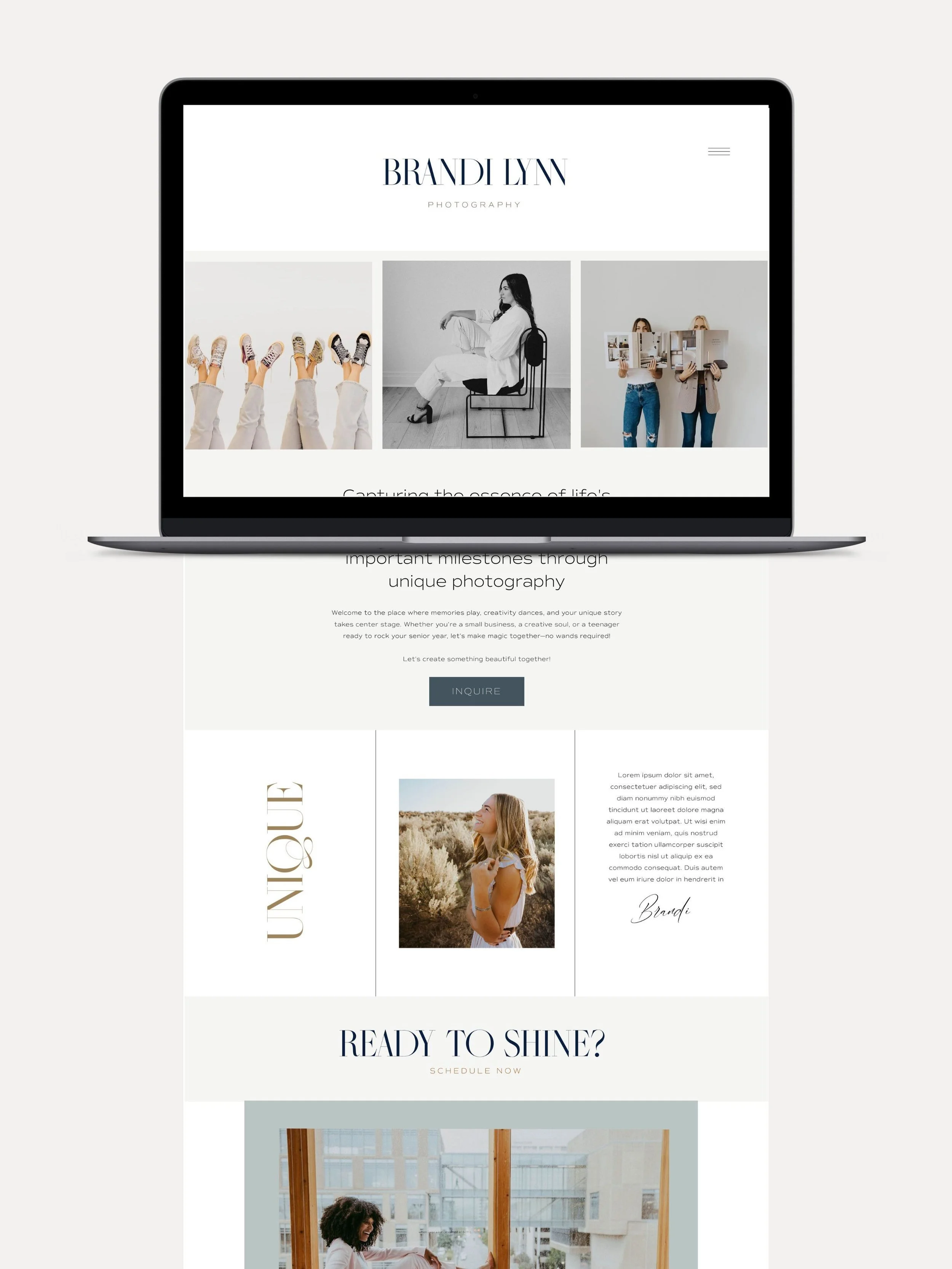 A laptop displaying a photography website with images of models and a woman sitting on a chair, with text sections including 'Brandi Lynn Photography,' 'unique,' and 'Ready to Shine? Schedule Now'.