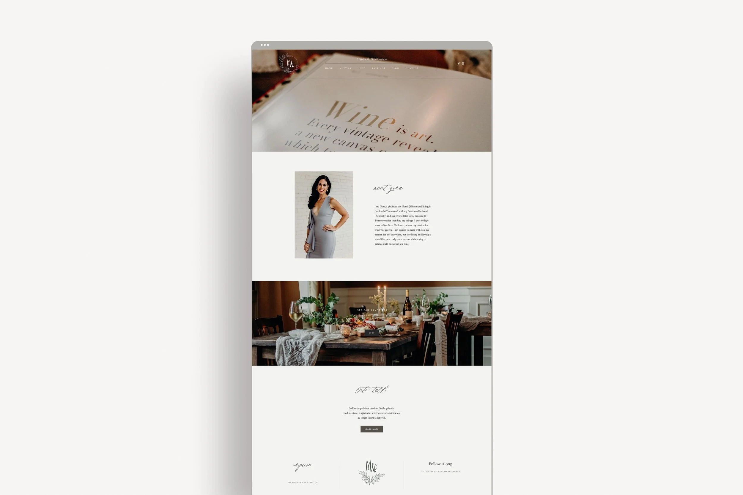 A gardening blog website homepage featuring a header, a photo of a smiling woman in a gray dress, a photo of a decorated dining table with wine and candles, and footer with logo and social links.