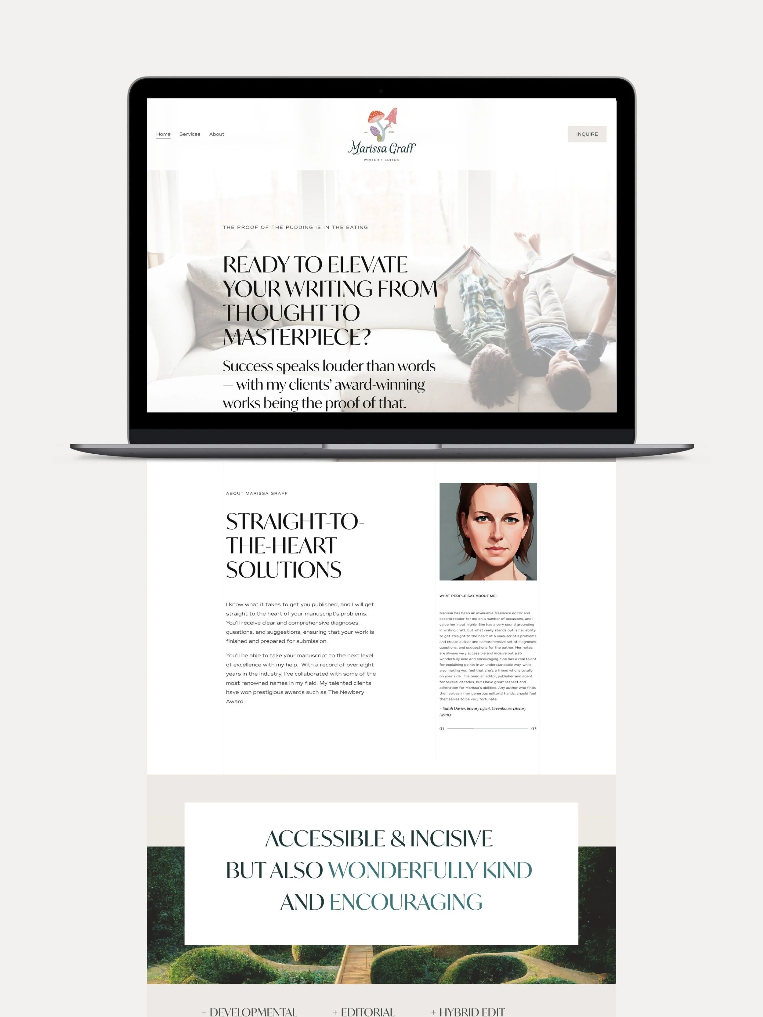 screenshots of a website homepage for Marissa Graff, a writer and editor, featuring a header image of a person lying on a couch reading, with navigation links and text about her writing services and personal profile.