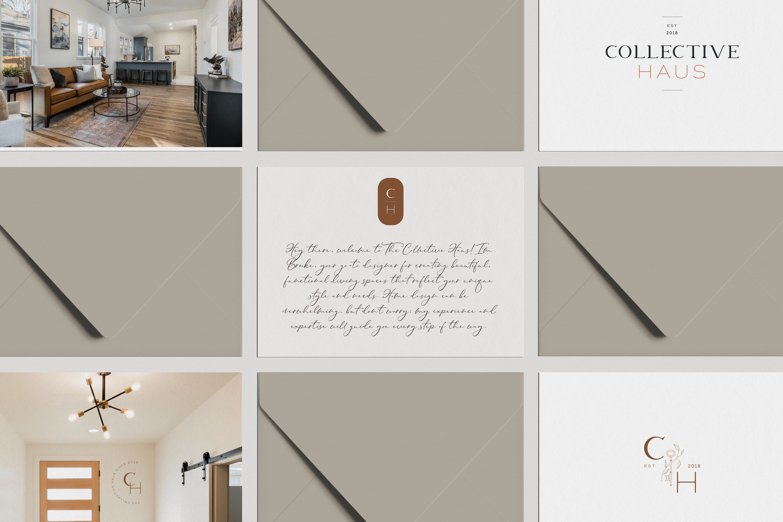 Collage of interior design images including a living room, an entryway with logo, a handwritten note about a design company, and archived envelopes for a company named Collective Haus and CH.