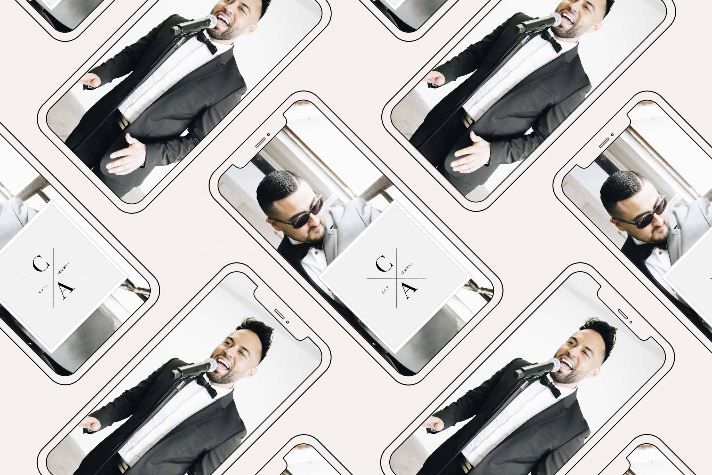 Pattern of men in tuxedos and sunglasses singing into microphones on smartphones.