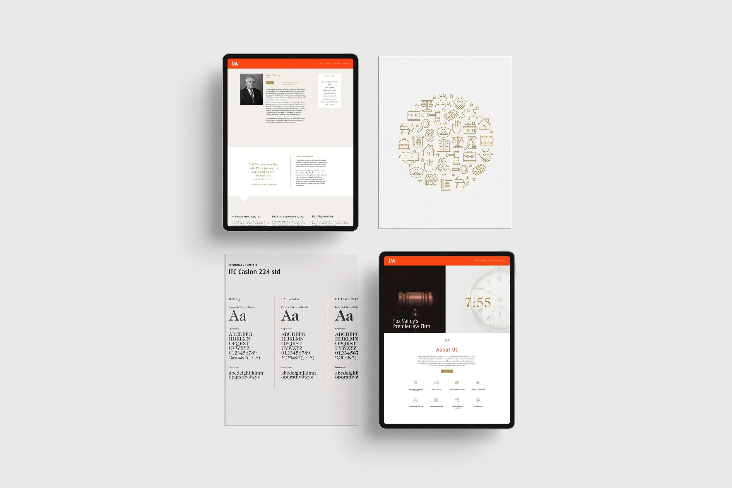Open tablets displaying website content, a sheet with icons arranged in a circle, and printed font samples on a light gray background.