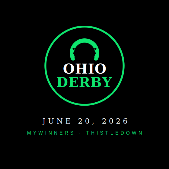 MyWinners badge graphic for the Thistledown three-year-old feature with a green horseshoe on black