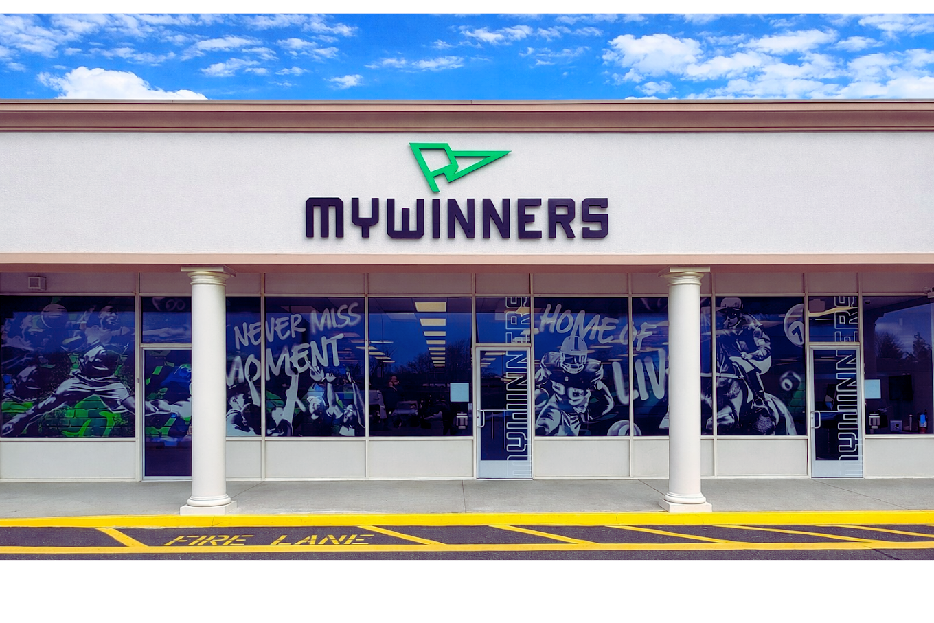 Exterior of MyWinners East Haven betting venue with signage and parking lot out front
