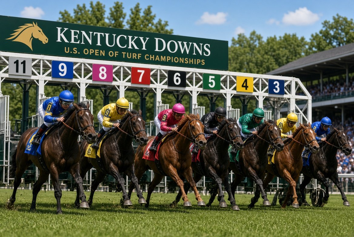 Hero image for the Kentucky Downs U.S. Open of Turf Championships 2026 betting guide, featuring the Nashville Derby field.