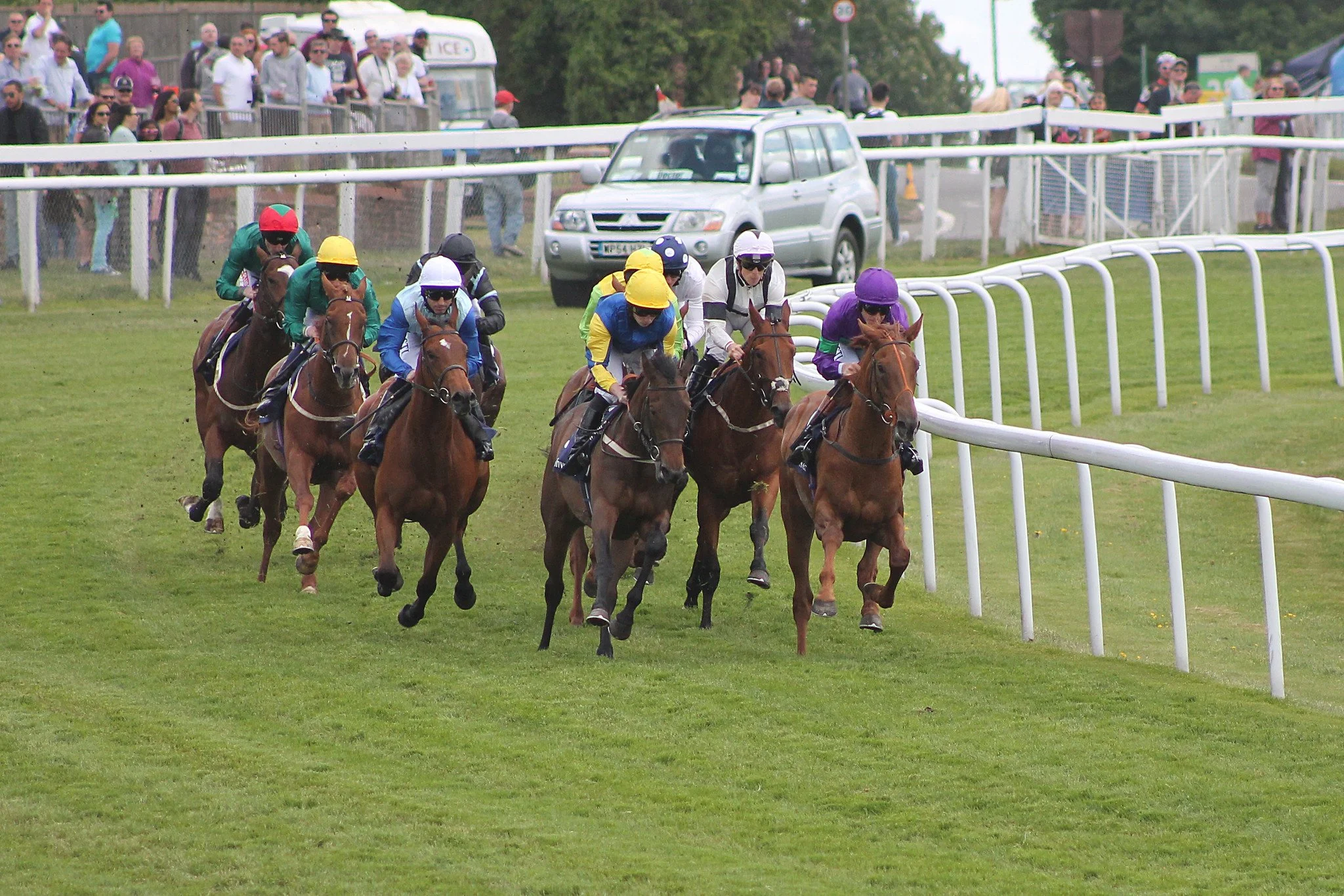The Epsom Derby field rounding Tattenham Corner at Epsom Downs