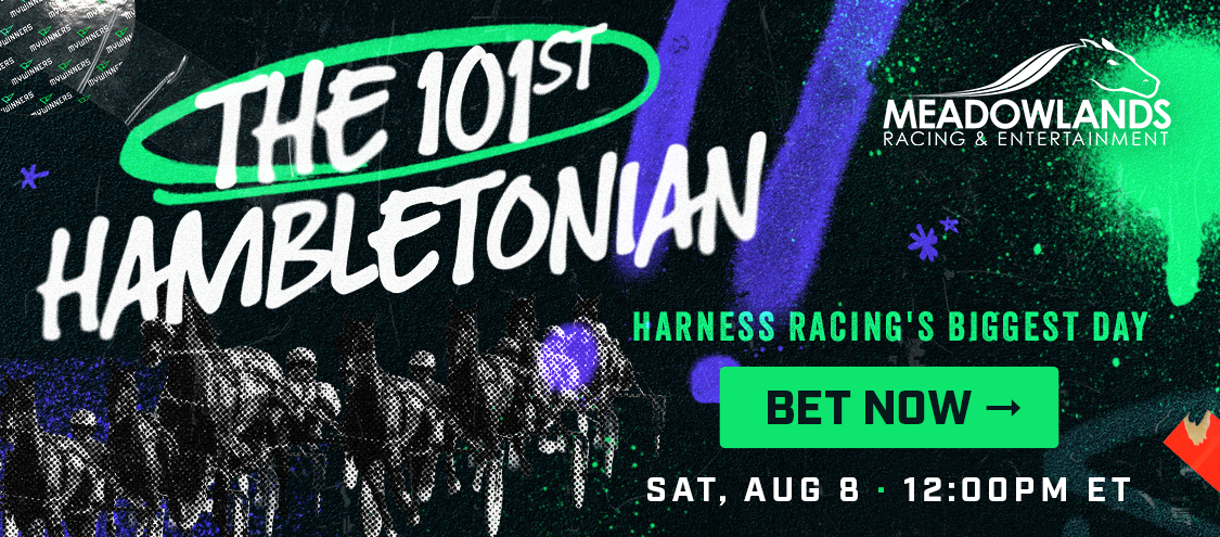 Hambletonian Day 2026 field of trotters warms up before the final at the Meadowlands.