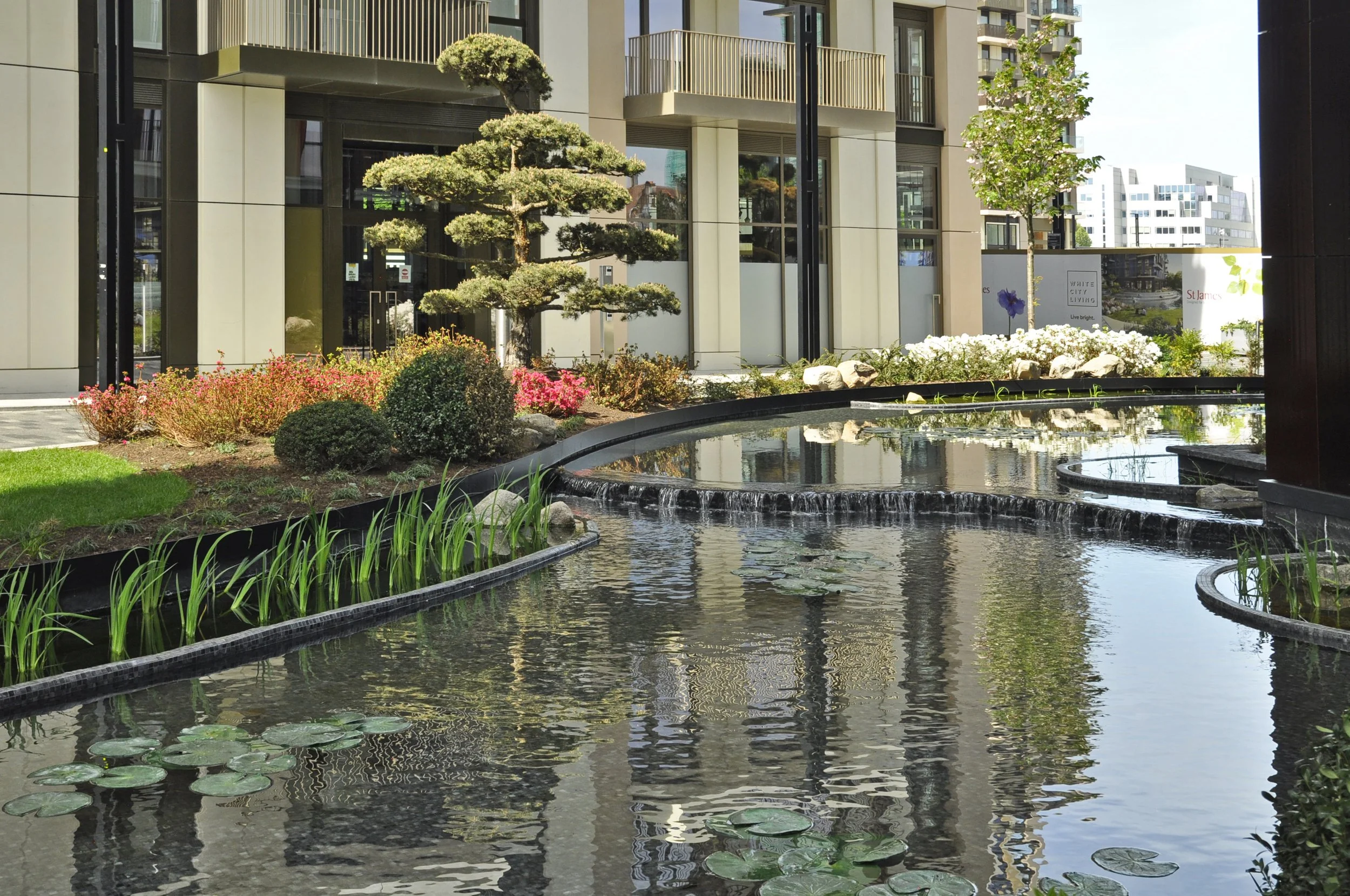 A modern landscaped outdoor area with a small pond, lily pads, and a waterfall feature. There are neatly trimmed bushes, pink and white flowers, and a bonsai tree near a contemporary building with balconies.