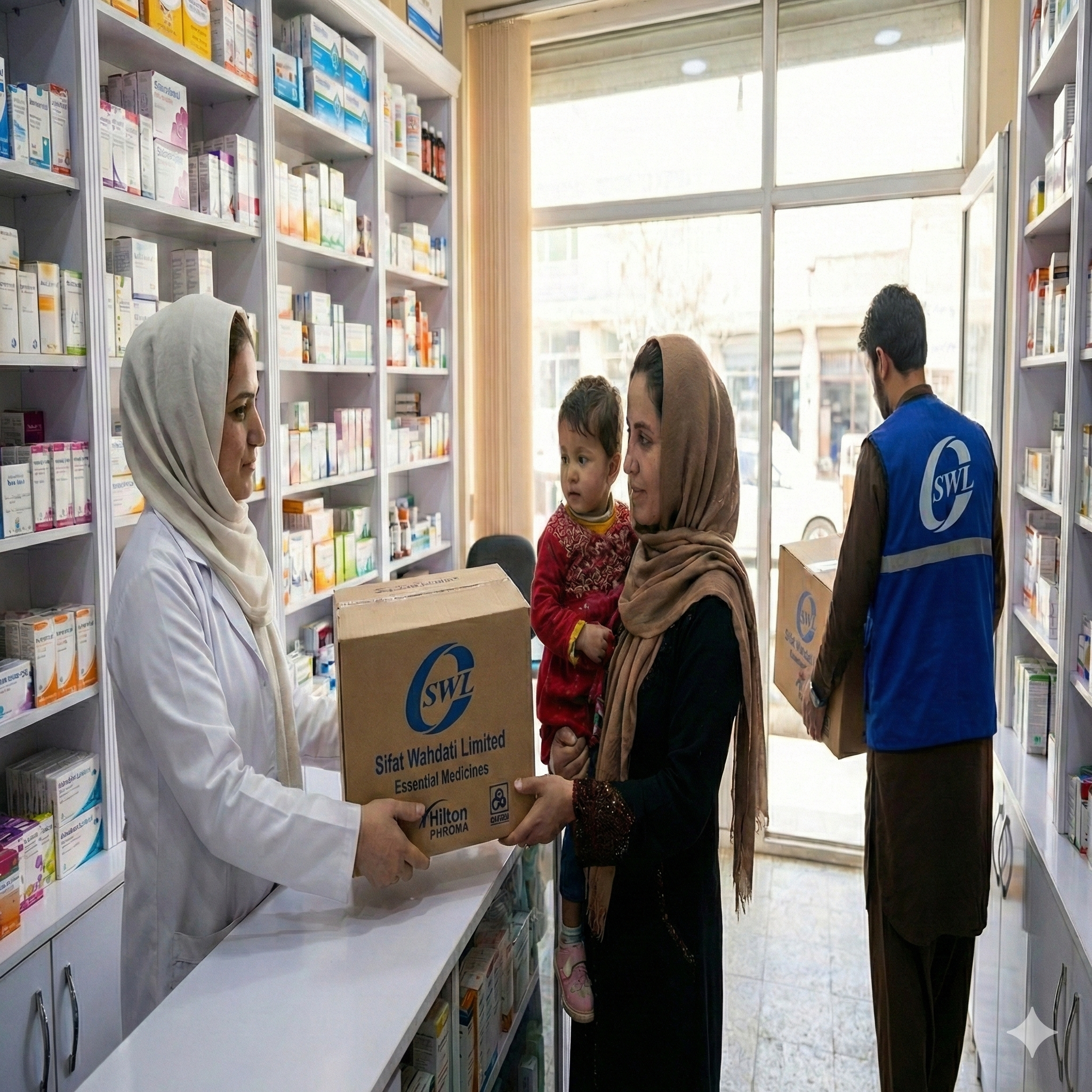 A woman with a headscarf receiving a box of essential medicines from a female pharmacist in a pharmacy. Another woman with a child in her arms and a man with a box are standing nearby.