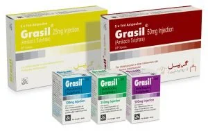 Various boxes of medication labeled 'Grasil' in different colors for different dosages, including yellow, red, blue, green, and purple.