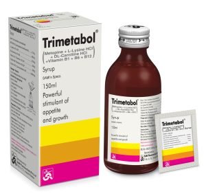 A box and bottle of Trimetabol syrup, a medication in a dark red bottle with a white cap, placed on a surface.