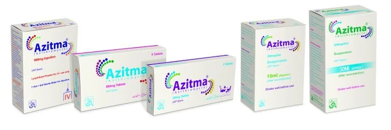 Various boxes of Azizma medication, including injection, tablets, and syrup forms