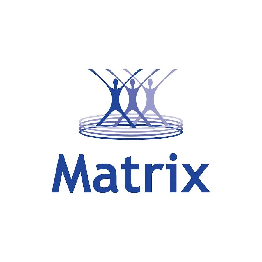 Logo featuring three stylized human figures in blue with arms raised, standing on concentric circles, with the word 'Matrix' written below in blue text.