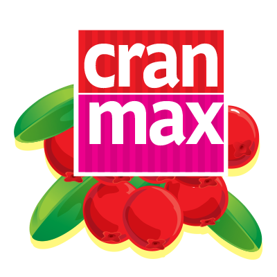 Cranberries with green leaves behind the Cran Max logo, which has a red background and white and pink text.