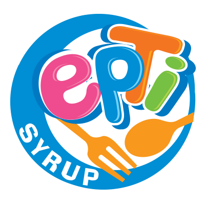 Colorful logo with the text 'epi' in large letters, a fork and spoon crossing underneath, and 'SYRUP' written at the bottom, all within a blue circular background.