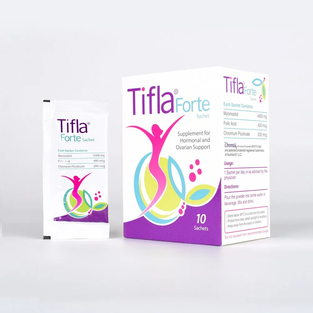 Box and sachet of Tifla Forte supplement for hormonal and ovarian support with colorful abstract design on white background.