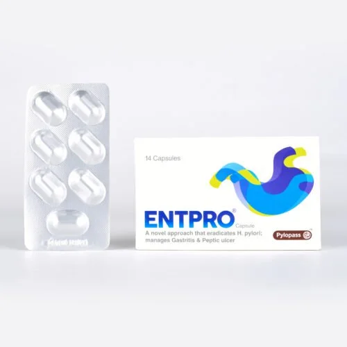 Package of ENTPRO capsules and a blister pack with pills.