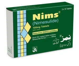 Green box of Nims Nimesulide 100mg tablets, with yellow and blue design, containing 3 boxes of 10 tablets, including a COX-2 inhibitor.