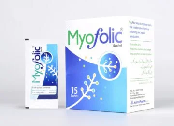 Box and packet of MyoFolic supplement with white and blue packaging.