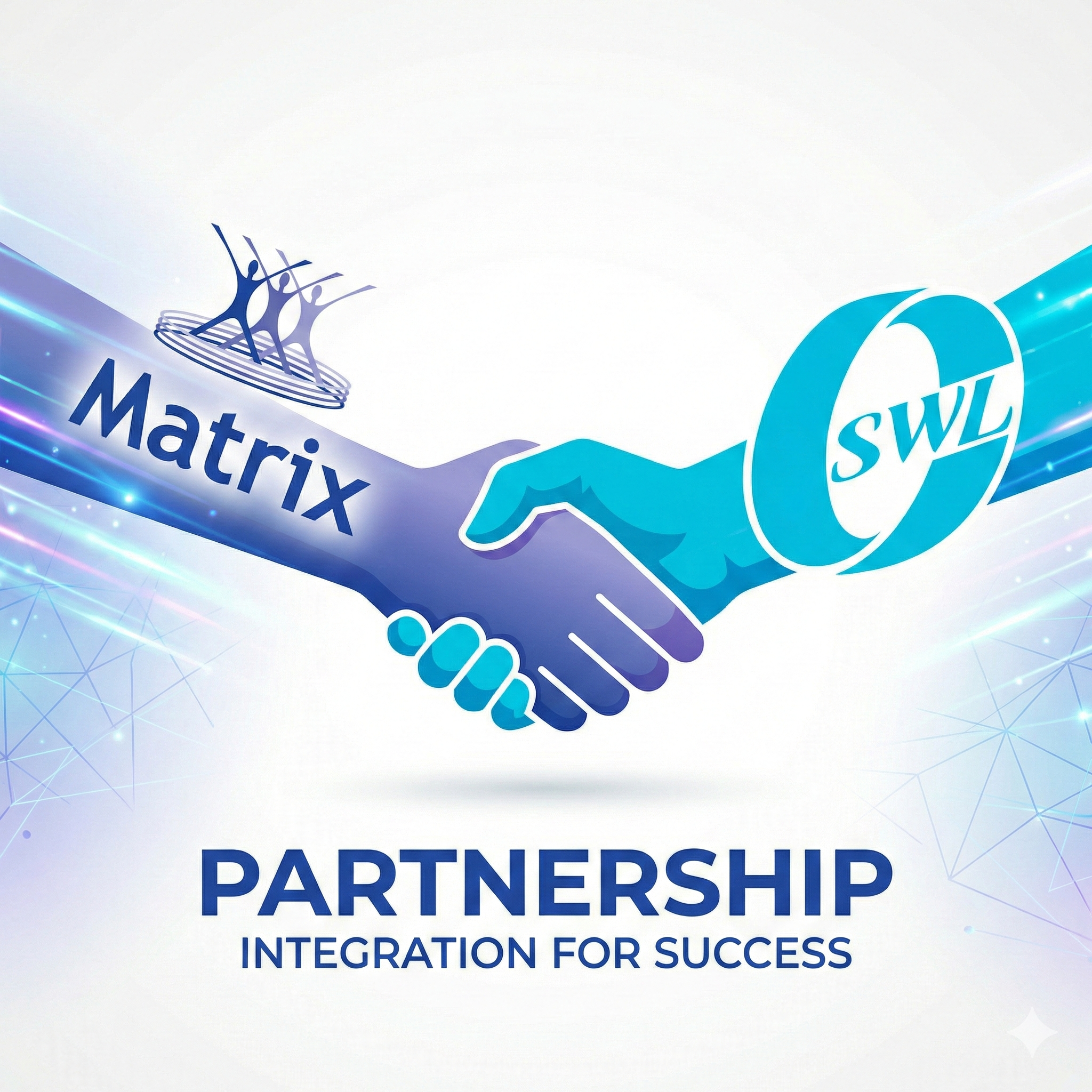 Illustration of two hands shaking, with one labeled 'Matrix' and the other labeled 'SWL,' symbolizing partnership, with the text 'Partnership Integration for Success' below.
