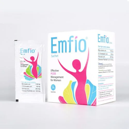 Box and packet of Emfio dietary supplement for women with colorful abstract woman figure on packaging.