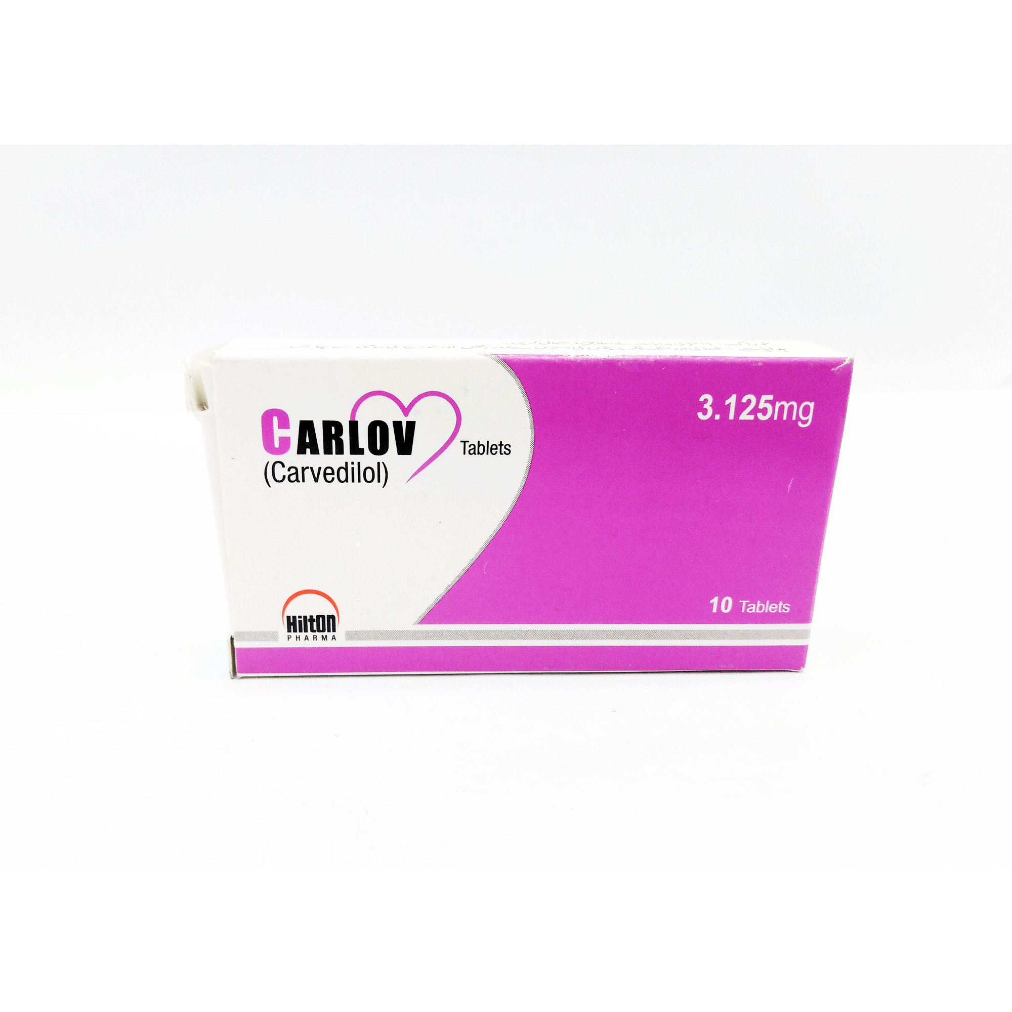 Box of Carlov tablets with pink and white packaging, displaying 3.125 mg dosage and 10 tablets.