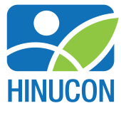 Hinucon logo featuring a stylized human figure, a blue background, and a green leaf.