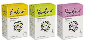 Three boxes of Yorker medication in yellow, green, and pink packaging.