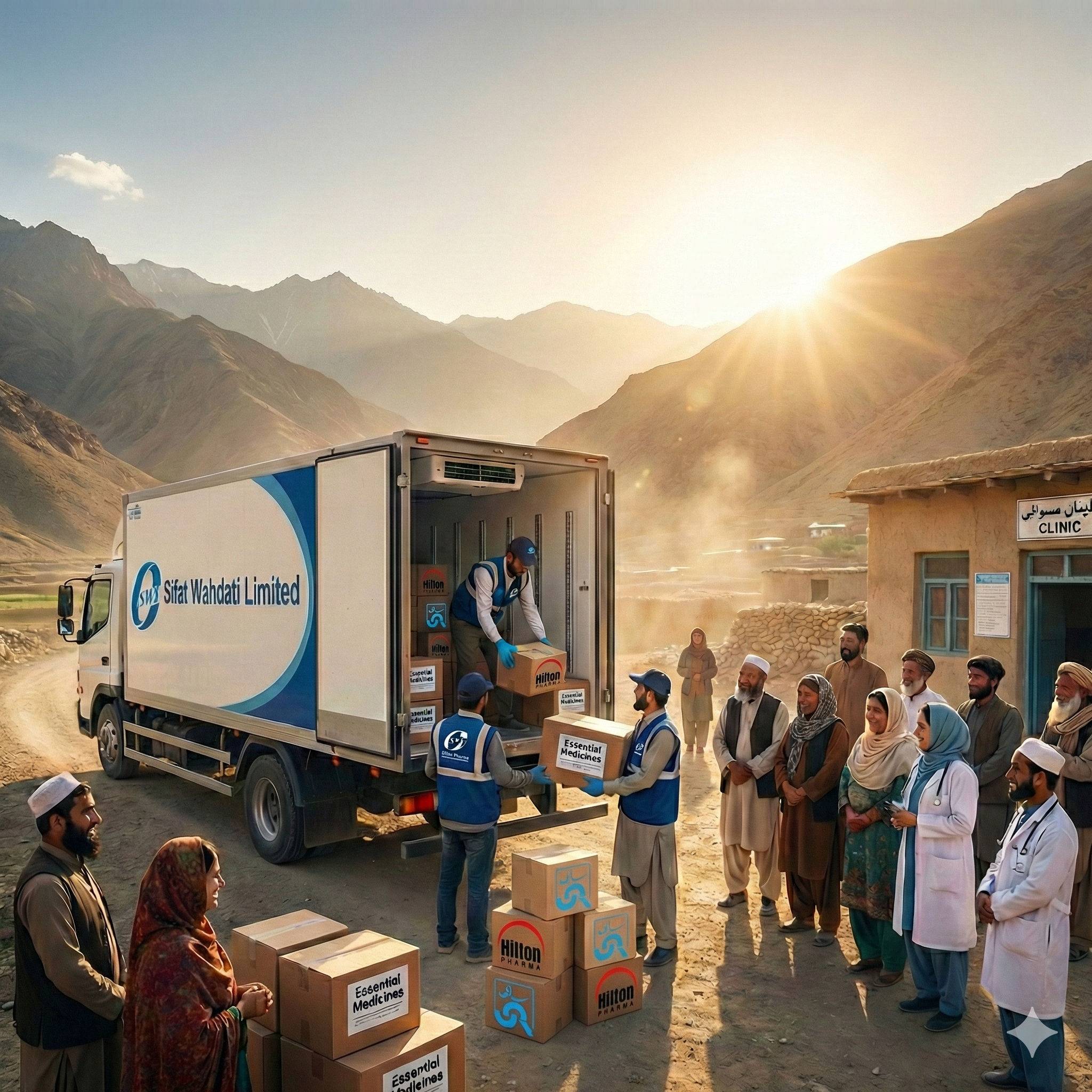 A mobile medical supply delivery truck labeled "Sift Wahdati Limited" is unloading boxes of essential medicines in a mountainous area with a small clinic. People, including health workers and community members, gather around during sunrise.