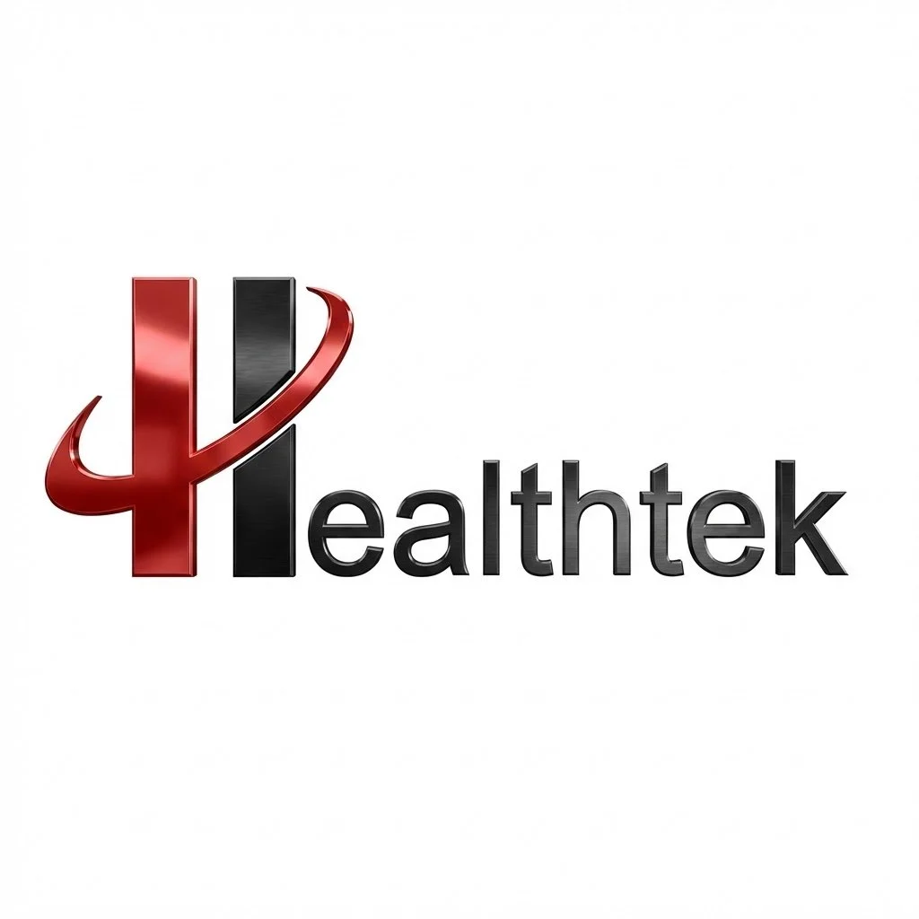 Logo of the company 'Healthtek' with a stylized red and black emblem and black text.