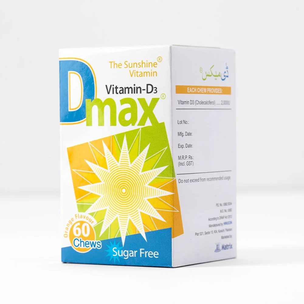 Box of D-max Vitamin-D3 chewable supplements with orange flavor, sugar-free, with 60 chews, featuring a sun graphic and information about dosage.