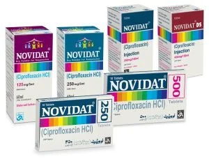 Multiple packages of Novidat Ciprofloxacin HCl tablets in different dosages and packaging, including boxes and blister packs, arranged together.