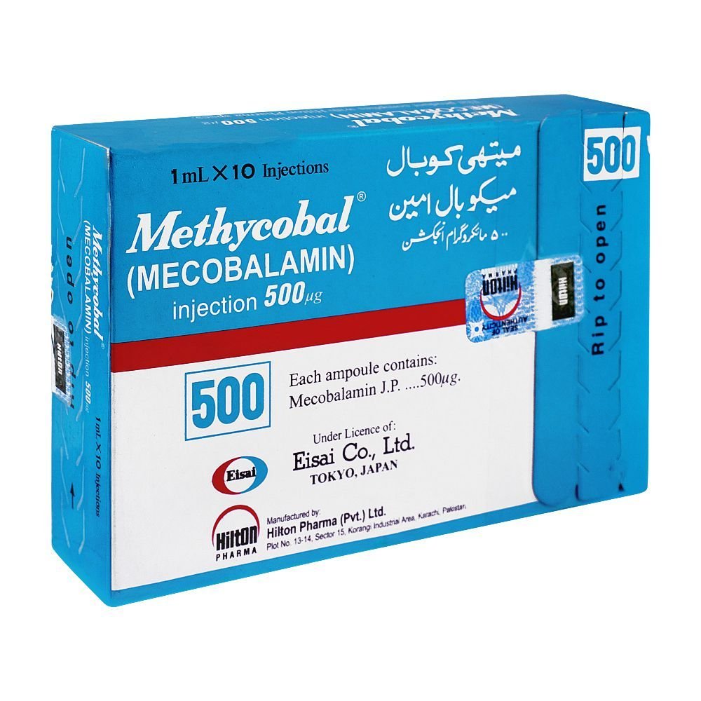 Blue and white box of Methylcobalamin injections, 10 vials containing 500 micrograms each, manufactured by Hilton Pharma, with licensing information and expiry date on it.
