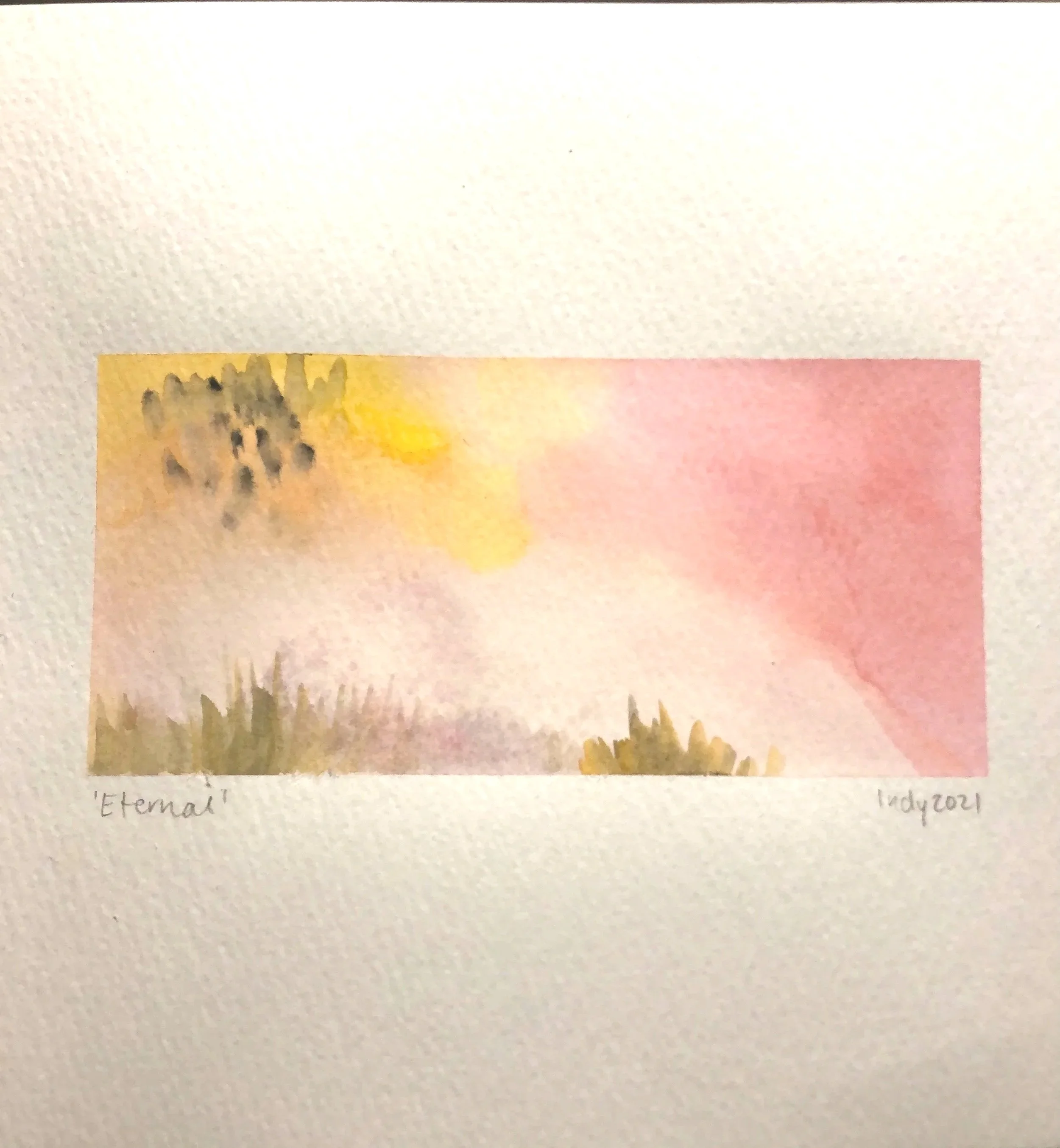 Watercolor painting titled 'Eternal' with soft pink, yellow, and green hues depicting a peaceful natural landscape.