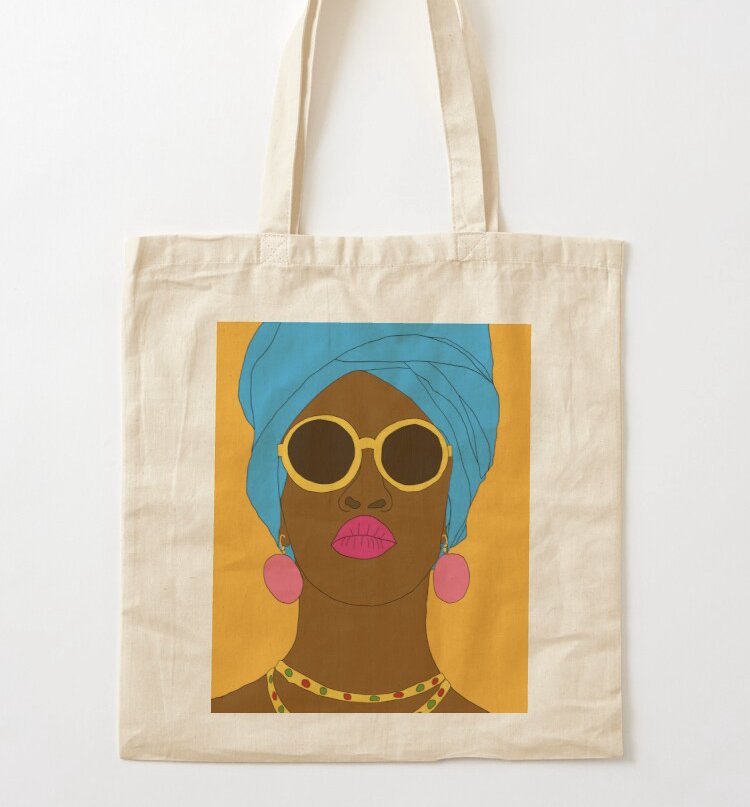 Tote bag with an illustration of a woman with dark skin wearing a blue headwrap, yellow sunglasses, pink earrings, pink lipstick, and a colorful beaded necklace, set against an orange background.