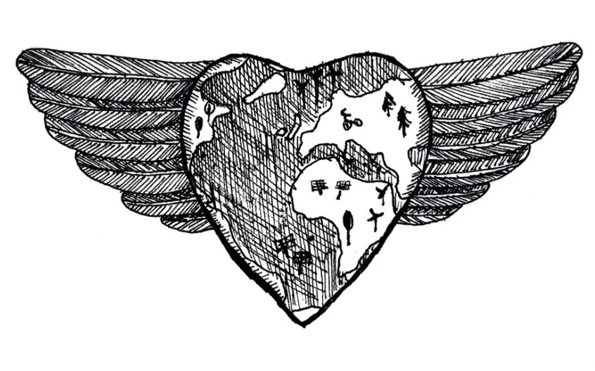 A hand-drawn illustration of a heart with the world map inside it, and wings extending from both sides of the heart.