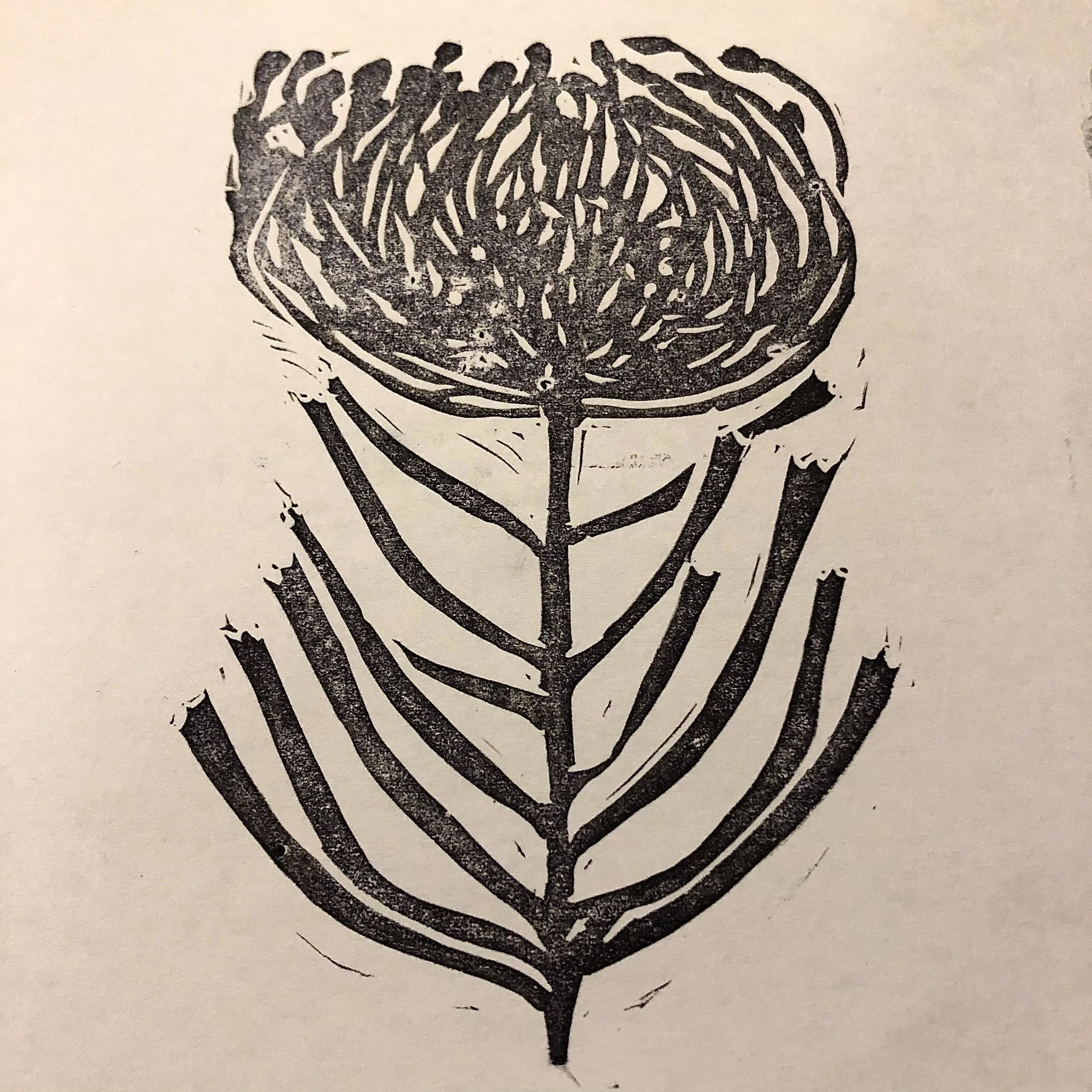 A black and white artistic illustration of a flower with a large, round bloom and elongated, striped leaves.