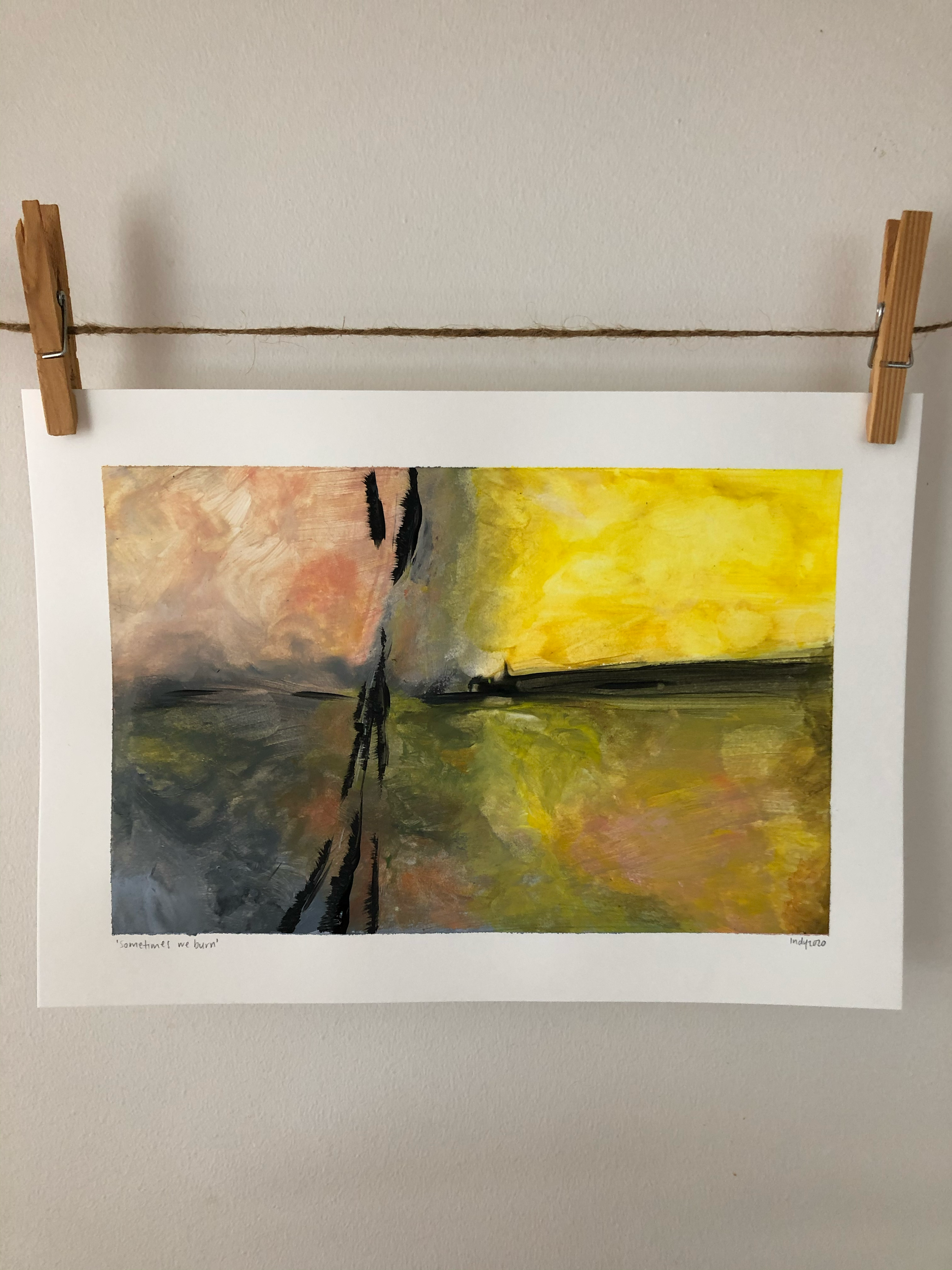 Abstract landscape painting with yellow sky, dark water, and reflections.