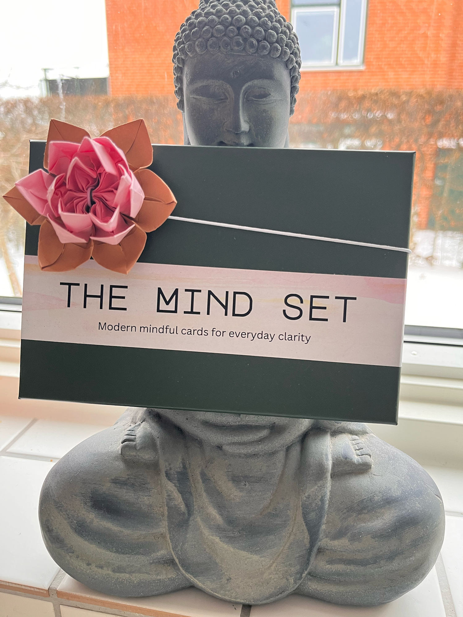 The Mind Set box pictured with a Budha statue