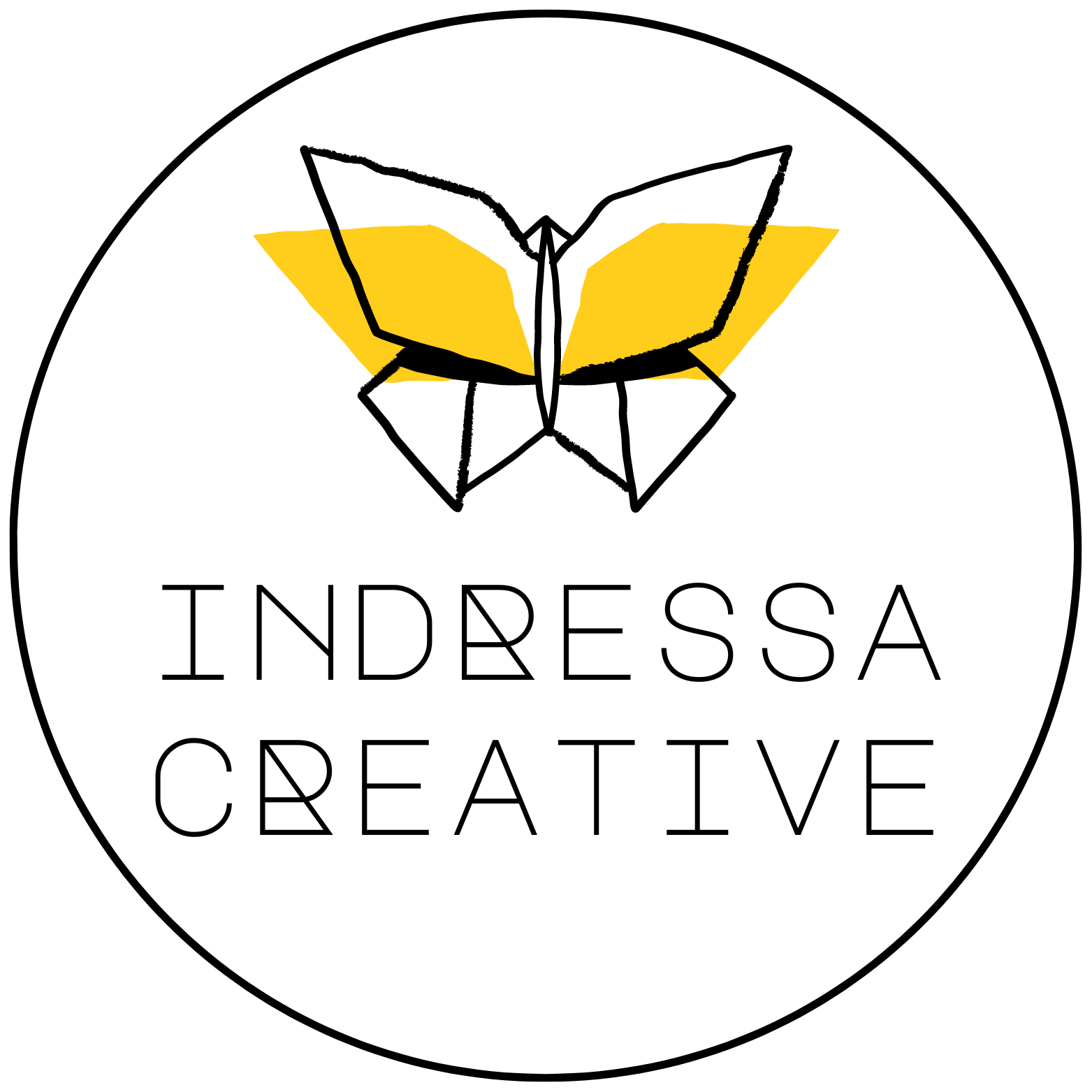 A circular logo with a stylised yellow and black butterfly top centre and the words "INDRESSA CREATIVE" in a minimalist black font.