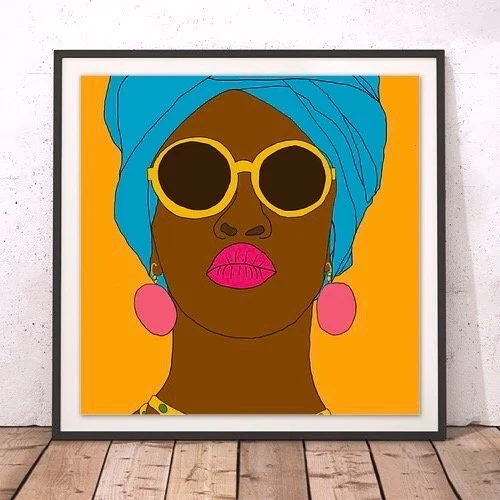 A digital illustration of a woman with dark skin wearing a blue headwrap, large round yellow sunglasses, pink earrings, and pink lipstick, set against an orange background.